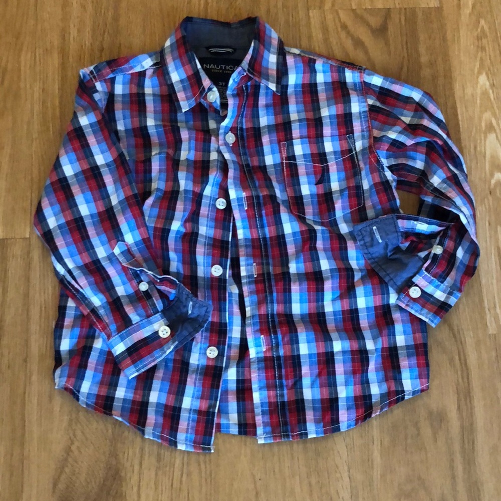 Nautica red blue navy white plaid button up top with long sleeves sz 3T